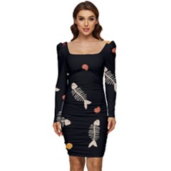 Pattern Design Seamless Fishbone Women Long Sleeve Ruched Stretch Jersey Dress