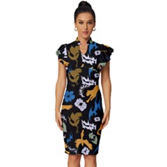Pattern Design Seamless Texture Vintage Frill Sleeve V-neck Bodycon Dress