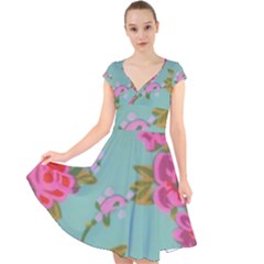 Mid Century Retro Floral 1970s 1960s Pattern 81 Cap Sleeve Front Wrap Midi Dress