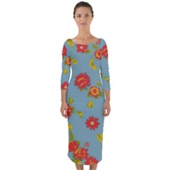 Mid Century Retro Floral 1970s 1960s Pattern 78 Quarter Sleeve Midi Bodycon Dress
