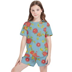 Mid Century Retro Floral 1970s 1960s Pattern 78 Kids  T-shirt And Sports Shorts Set