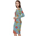 Mid Century Retro Floral 1970s 1960s Pattern 78 Long Sleeve V-Neck Bodycon Dress  View2