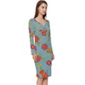 Mid Century Retro Floral 1970s 1960s Pattern 78 Long Sleeve V-Neck Bodycon Dress  View3