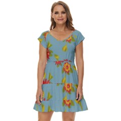 Mid Century Retro Floral 1970s 1960s Pattern 78 Short Sleeve Tiered Mini Dress