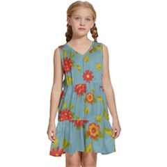 Mid Century Retro Floral 1970s 1960s Pattern 78 Kids  Sleeveless Tiered Mini Dress