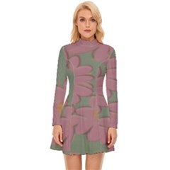Mid Century Retro Floral 1970s 1960s Pattern 80 Long Sleeve Velour Longline Dress