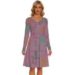 Mid Century Retro Floral 1970s 1960s Pattern 80 Long Sleeve Dress With Pocket