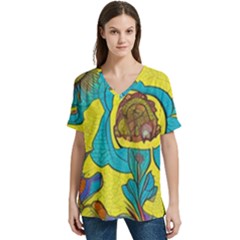 Mid Century Retro Floral 1970s 1960s Pattern 60 V-neck Split Shoulder Casual T-shirt