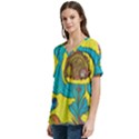 Mid Century Retro Floral 1970s 1960s Pattern 60 V-Neck Split Shoulder Casual T-Shirt View2