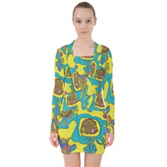 Mid Century Retro Floral 1970s 1960s Pattern 60 V-neck Bodycon Long Sleeve Dress