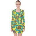 Mid Century Retro Floral 1970s 1960s Pattern 60 V-neck Bodycon Long Sleeve Dress View1