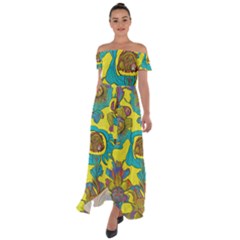 Mid Century Retro Floral 1970s 1960s Pattern 60 Off Shoulder Open Front Chiffon Dress