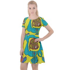 Mid Century Retro Floral 1970s 1960s Pattern 60 Cap Sleeve Velour Dress 