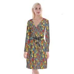 Mid Century Retro Floral 1970s 1960s Pattern 56 Long Sleeve Velvet Front Wrap Dress