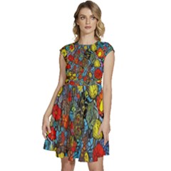 Mid Century Retro Floral 1970s 1960s Pattern 56 Cap Sleeve High Waist Dress