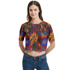 Mid Century Retro Floral 1970s 1960s Pattern 69 Women s Round Neck Short Sleeve Crop Top