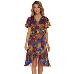 Mid Century Retro Floral 1970s 1960s Pattern 69 Women s Kimono Wrap Satin Dress