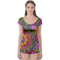 Mid Century Retro Floral 1970s 1960s Pattern 55 Boyleg Leotard 