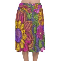 Mid Century Retro Floral 1970s 1960s Pattern 55 Velvet Flared Midi Skirt