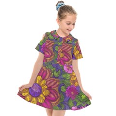 Mid Century Retro Floral 1970s 1960s Pattern 55 Kids  Short Sleeve Shirt Dress