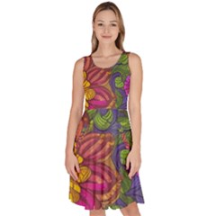 Mid Century Retro Floral 1970s 1960s Pattern 55 Knee Length Skater Dress With Pockets