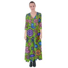 Mid Century Retro Floral 1970s 1960s Pattern 59 Button Up Maxi Dress