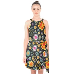 Mid Century Retro Floral 1970s 1960s Pattern 57 Halter Collar Waist Tie Chiffon Dress