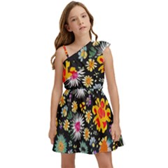 Mid Century Retro Floral 1970s 1960s Pattern 57 Kids  One Shoulder Party Dress