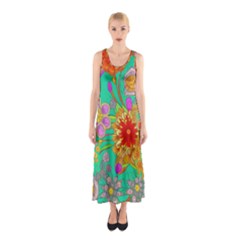 Mid Century Retro Floral 1970s 1960s Pattern 58 Sleeveless Maxi Dress