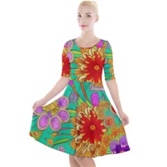 Mid Century Retro Floral 1970s 1960s Pattern 58 Quarter Sleeve A-line Dress