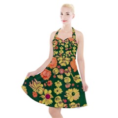 Mid Century Retro Floral 1970s 1960s Pattern 68 Halter Party Swing Dress 