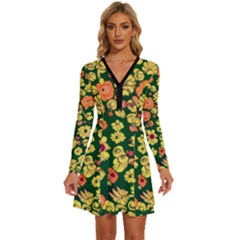 Mid Century Retro Floral 1970s 1960s Pattern 68 Long Sleeve Deep V Mini Dress 