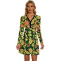 Mid Century Retro Floral 1970s 1960s Pattern 68 Long Sleeve Deep V Mini Dress  View1