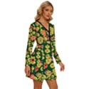 Mid Century Retro Floral 1970s 1960s Pattern 68 Long Sleeve Deep V Mini Dress  View3