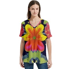 Mid Century Retro Floral 1970s 1960s Pattern 54 V-neck Split Shoulder Casual T-shirt
