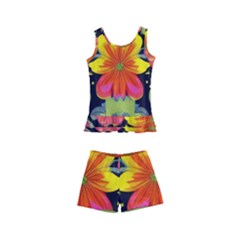 Mid Century Retro Floral 1970s 1960s Pattern 54 Kids  Boyleg Swimsuit