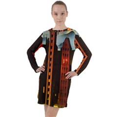 Sci-fi Futuristic Science Fiction City Neon Scene Artistic Technology Machine Fantasy Gothic Town Bu Long Sleeve Hoodie Dress