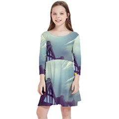 Village Moon Cloudy Historical Tudor Architecture Houses Town Night Windows City Kids  Quarter Sleeve Skater Dress