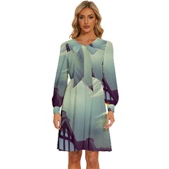 Village Moon Cloudy Historical Tudor Architecture Houses Town Night Windows City Women s Round Neck Long Sleeve Bow Deco Dress