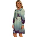 Village Moon Cloudy Historical Tudor Architecture Houses Town Night Windows City Women s Round Neck Long Sleeve Bow Deco Dress View2