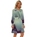 Village Moon Cloudy Historical Tudor Architecture Houses Town Night Windows City Women s Round Neck Long Sleeve Bow Deco Dress View3