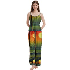 Outdoors Night Moon Full Moon Trees Setting Scene Forest Woods Light Moonlight Nature Wilderness Lan Spaghetti Top Long Pants Satin Pajamas Set