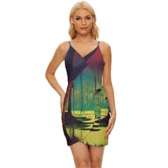 Nature Swamp Water Sunset Spooky Night Reflections Bayou Lake Wrap Tie Front Dress