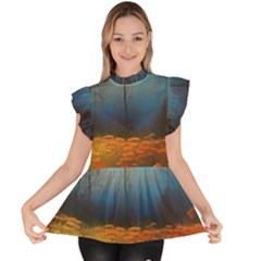 Wildflowers Field Outdoors Clouds Trees Cover Art Storm Mysterious Dream Landscape Ruffle Collar Short Sleeve Chiffon Top