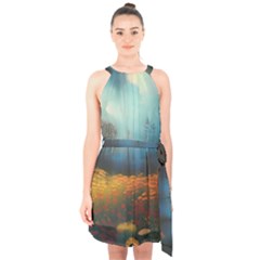 Wildflowers Field Outdoors Clouds Trees Cover Art Storm Mysterious Dream Landscape Halter Collar Waist Tie Chiffon Dress