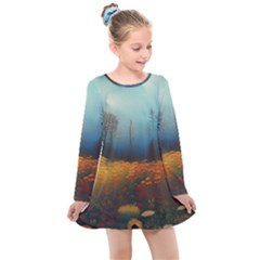 Wildflowers Field Outdoors Clouds Trees Cover Art Storm Mysterious Dream Landscape Kids  Long Sleeve Dress