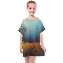 Wildflowers Field Outdoors Clouds Trees Cover Art Storm Mysterious Dream Landscape Kids  One Piece Chiffon Dress