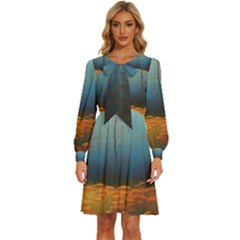 Wildflowers Field Outdoors Clouds Trees Cover Art Storm Mysterious Dream Landscape Women s Round Neck Long Sleeve Bow Deco Dress