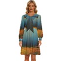 Wildflowers Field Outdoors Clouds Trees Cover Art Storm Mysterious Dream Landscape Women s Round Neck Long Sleeve Bow Deco Dress View1