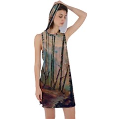 Woodland Woods Forest Trees Nature Outdoors Mist Moon Background Artwork Book Racer Back Hoodie Dress